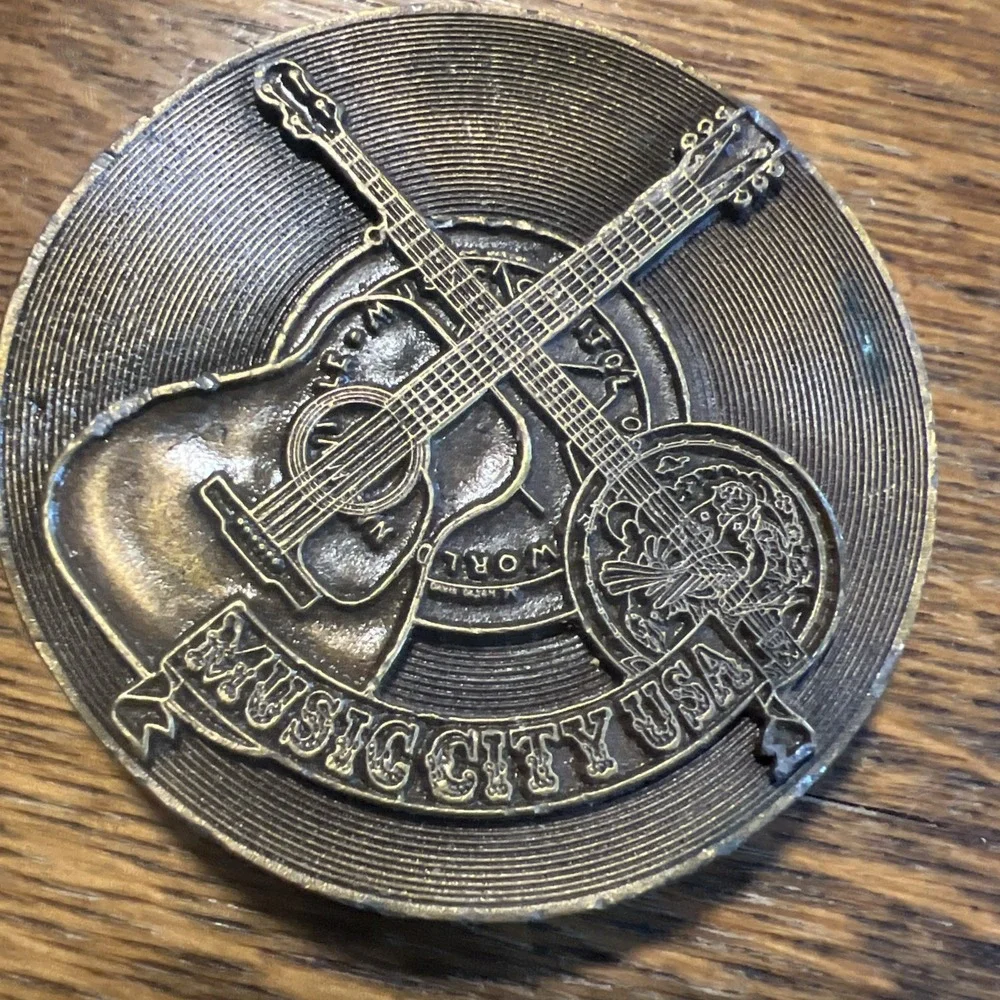 Lot of 2 VTG 1974 Bergamot Brass Belt Buckle-Jimm Watson-Guitar/Record/Banjo